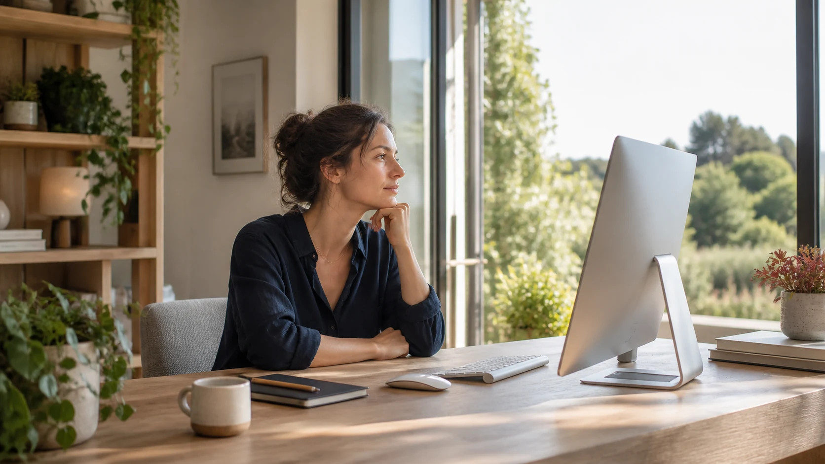 Espace de travail sobre ouvert sur la végétation.