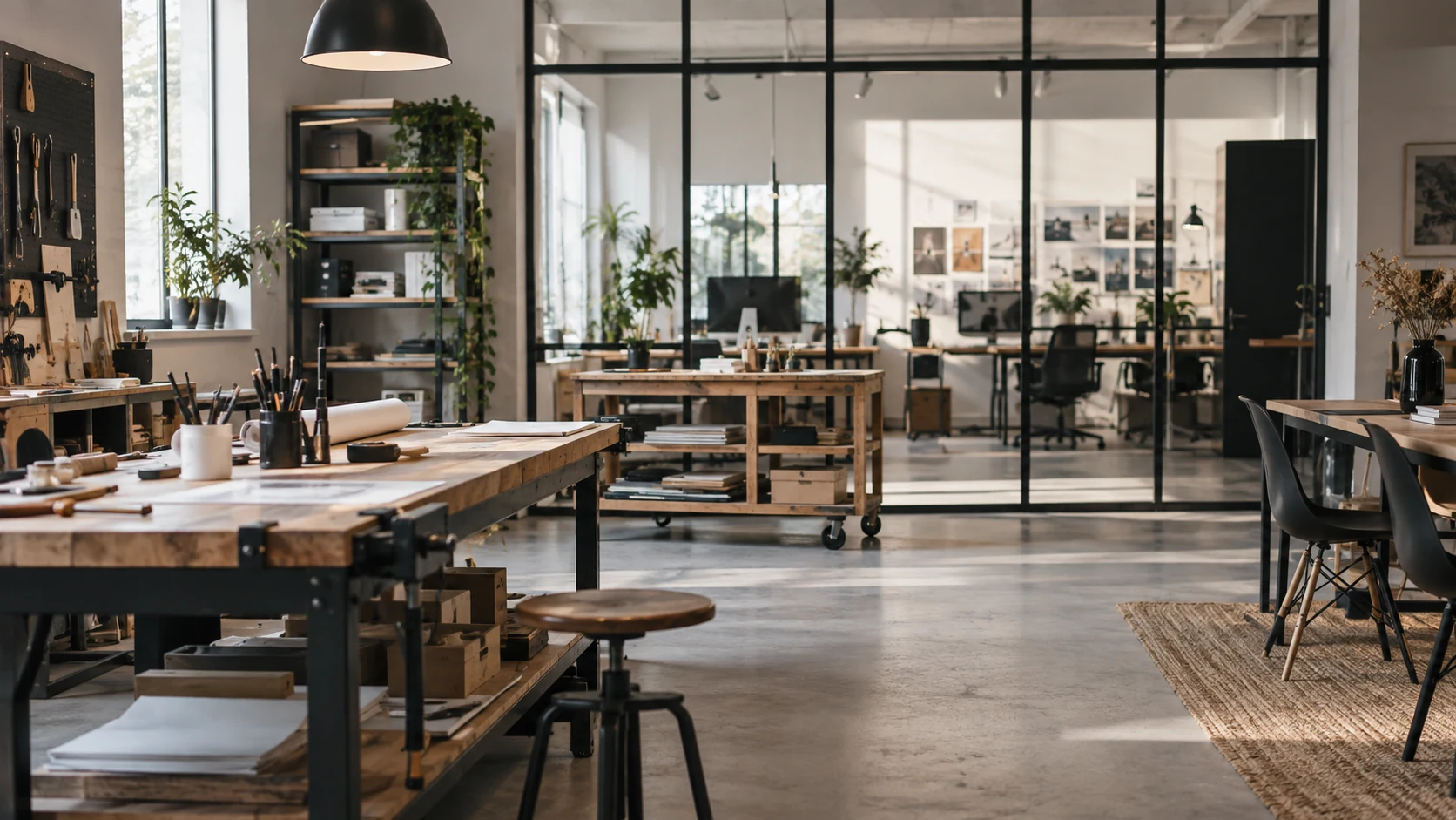 Espace de travail réunissant atelier et bureaux.