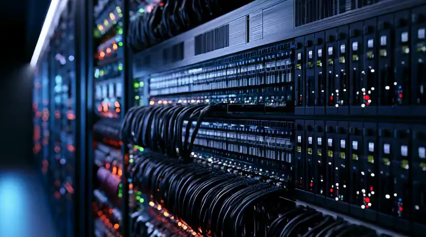 Une infrastructure de serveurs illustre l’hébergement et la protection des données.